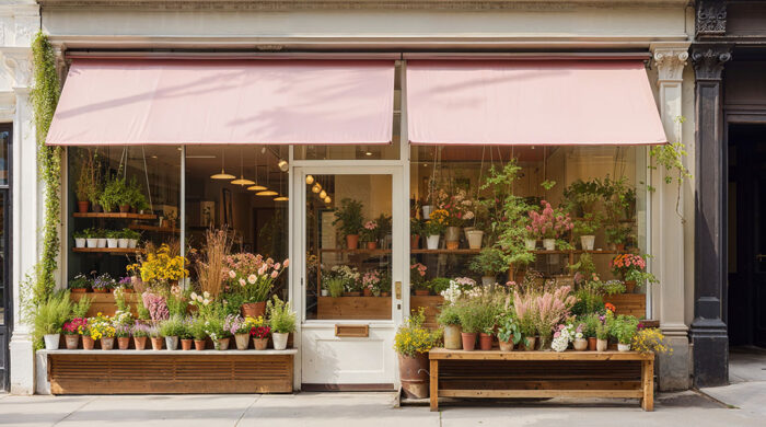 A florist storefront with potted plants and flowers near the front door entrance.